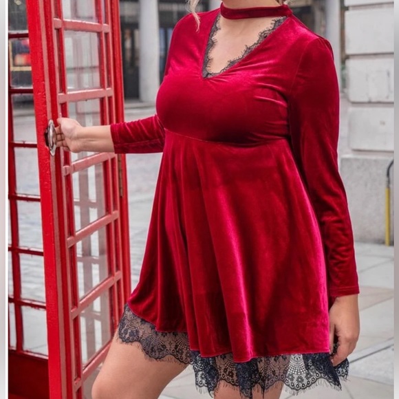 NWT|XL-1X| TCB| LOVE FROM LONDON RED VELVET & BLACK LACE SWING DRESS| NEW - Picture 2 of 11